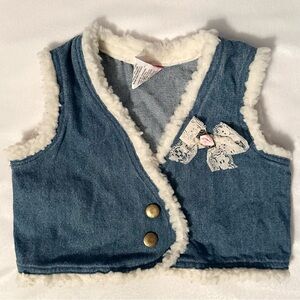 Vtg Hopscotch Cradle Togs Baby Denim Vest Sherpa Trim Lace Bow 6-9M cotton